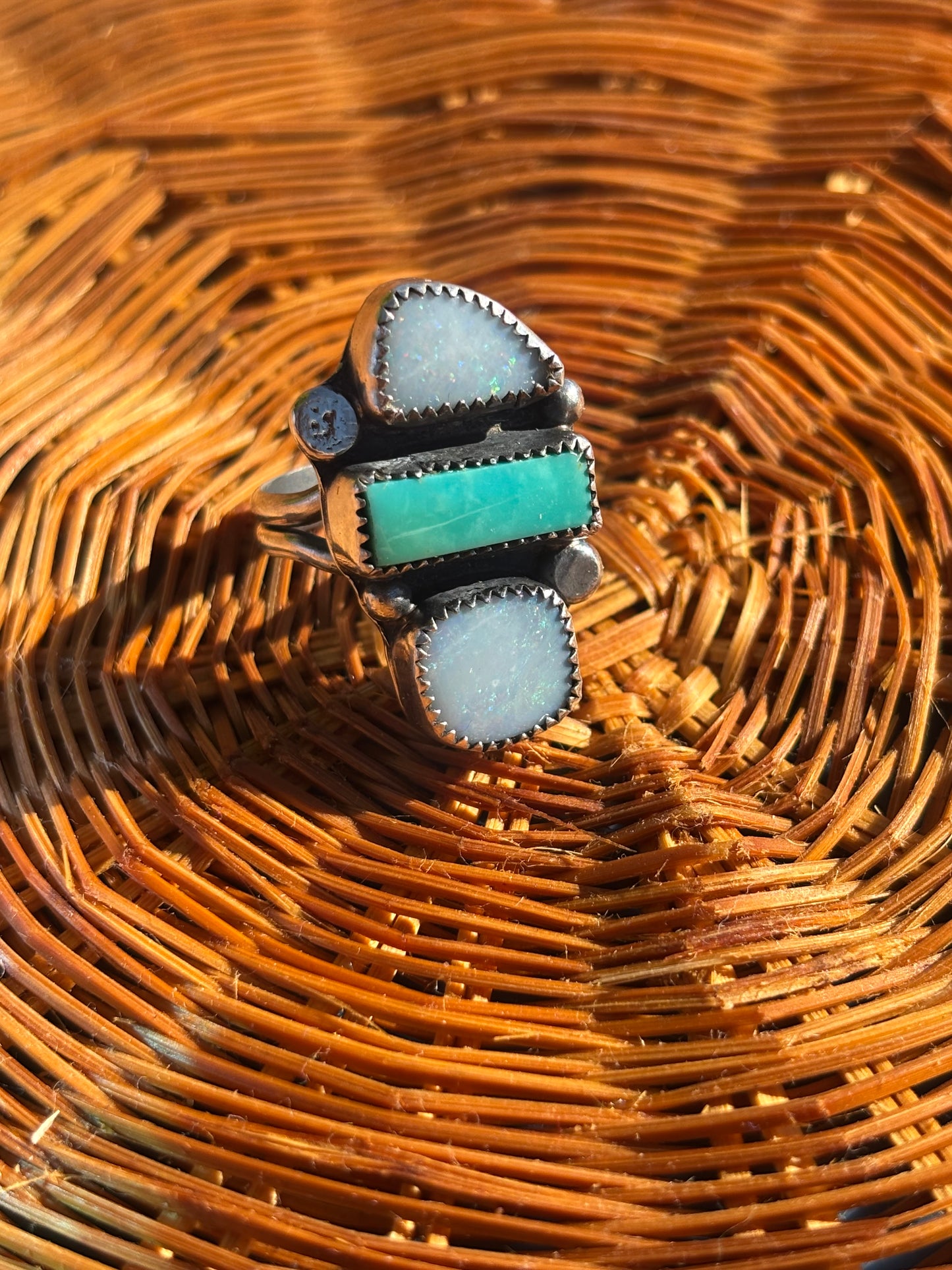 3 stone opal and turquoise ring size 8.5