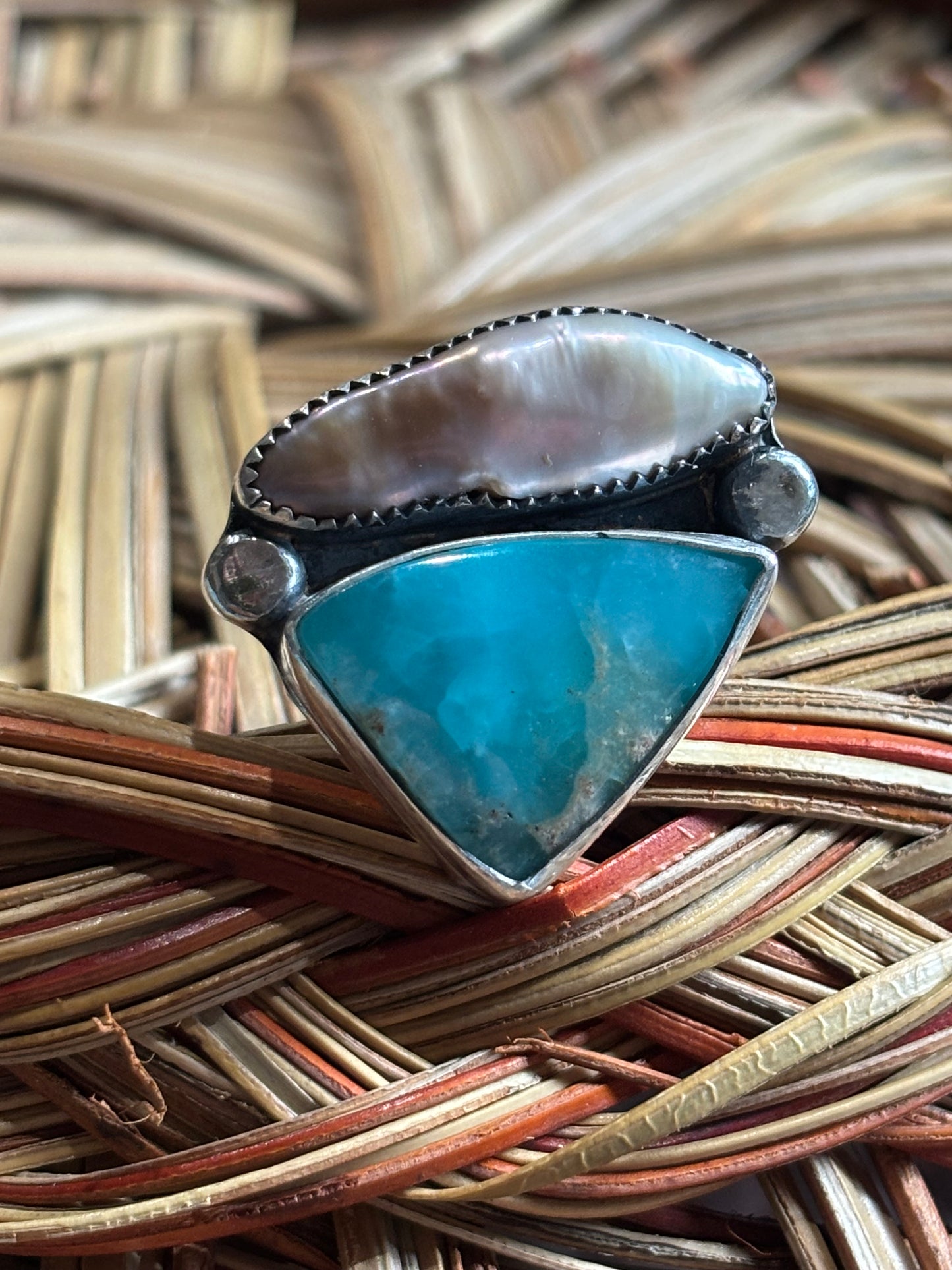 Fresh water pearl and Larimar ring size 7 3/4