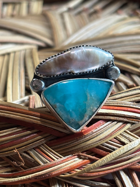 Fresh water pearl and Larimar ring size 7 3/4