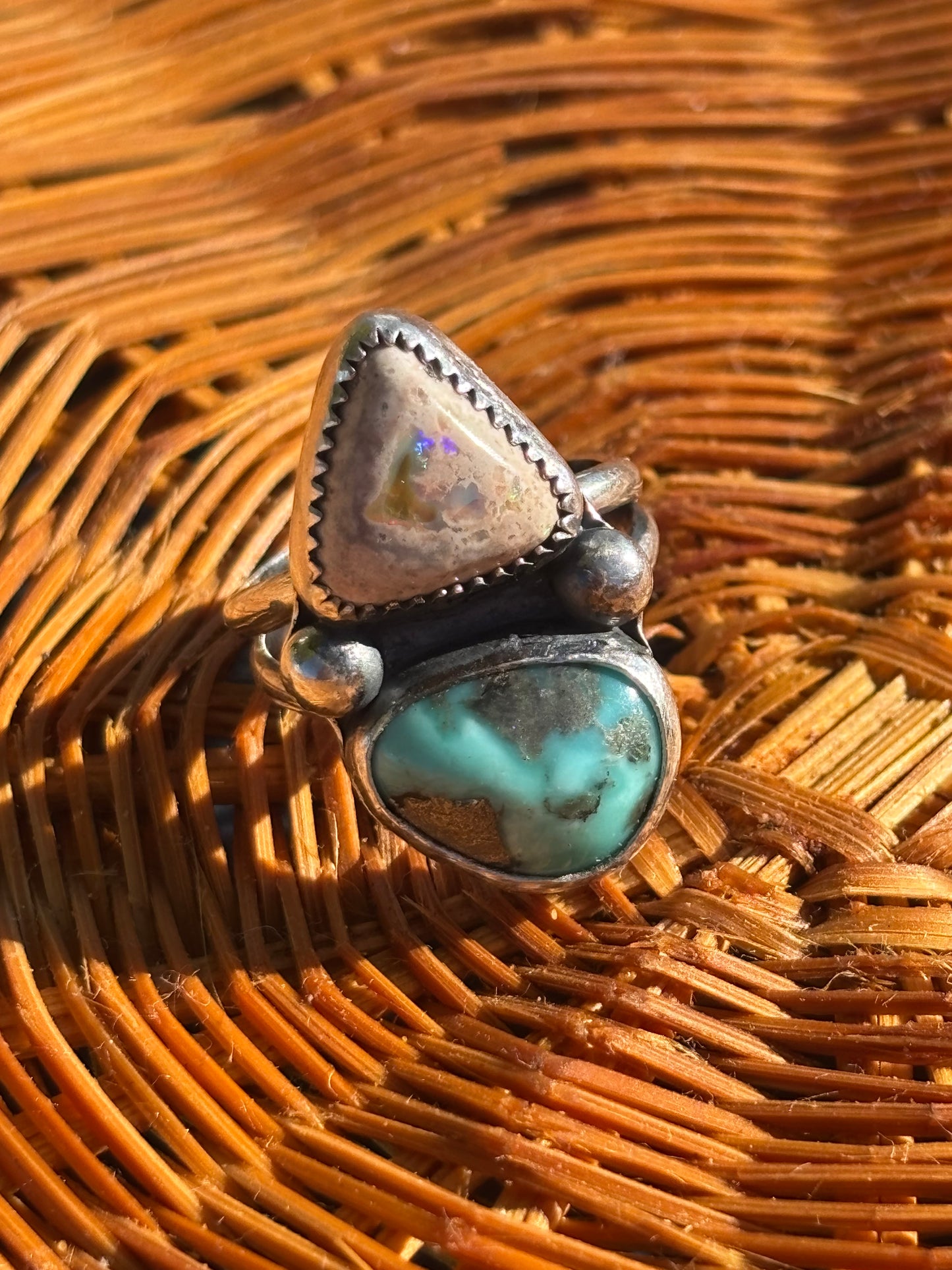 Two Stone opal and turquoise ring size 5 3/4
